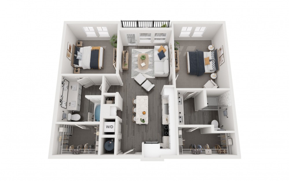 2D - 2 bedroom floorplan layout with 2 bathrooms and 1036 square feet