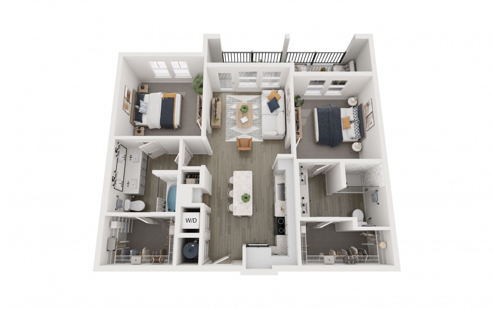 2C - 2 bedroom floorplan layout with 2 bathrooms and 999 square feet