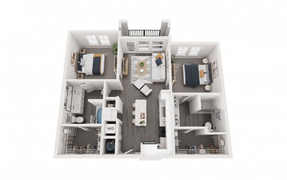 2A - 2 bedroom floorplan layout with 2 bathrooms and 986 - 999 square feet