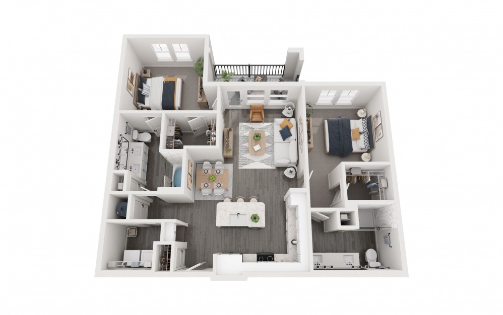 2H - 2 bedroom floorplan layout with 2 bathrooms and 1142 square feet