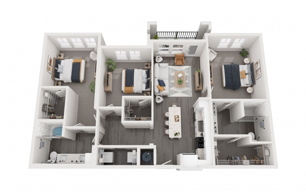 3A - 3 bedroom floorplan layout with 2 bathrooms and 1366 square feet